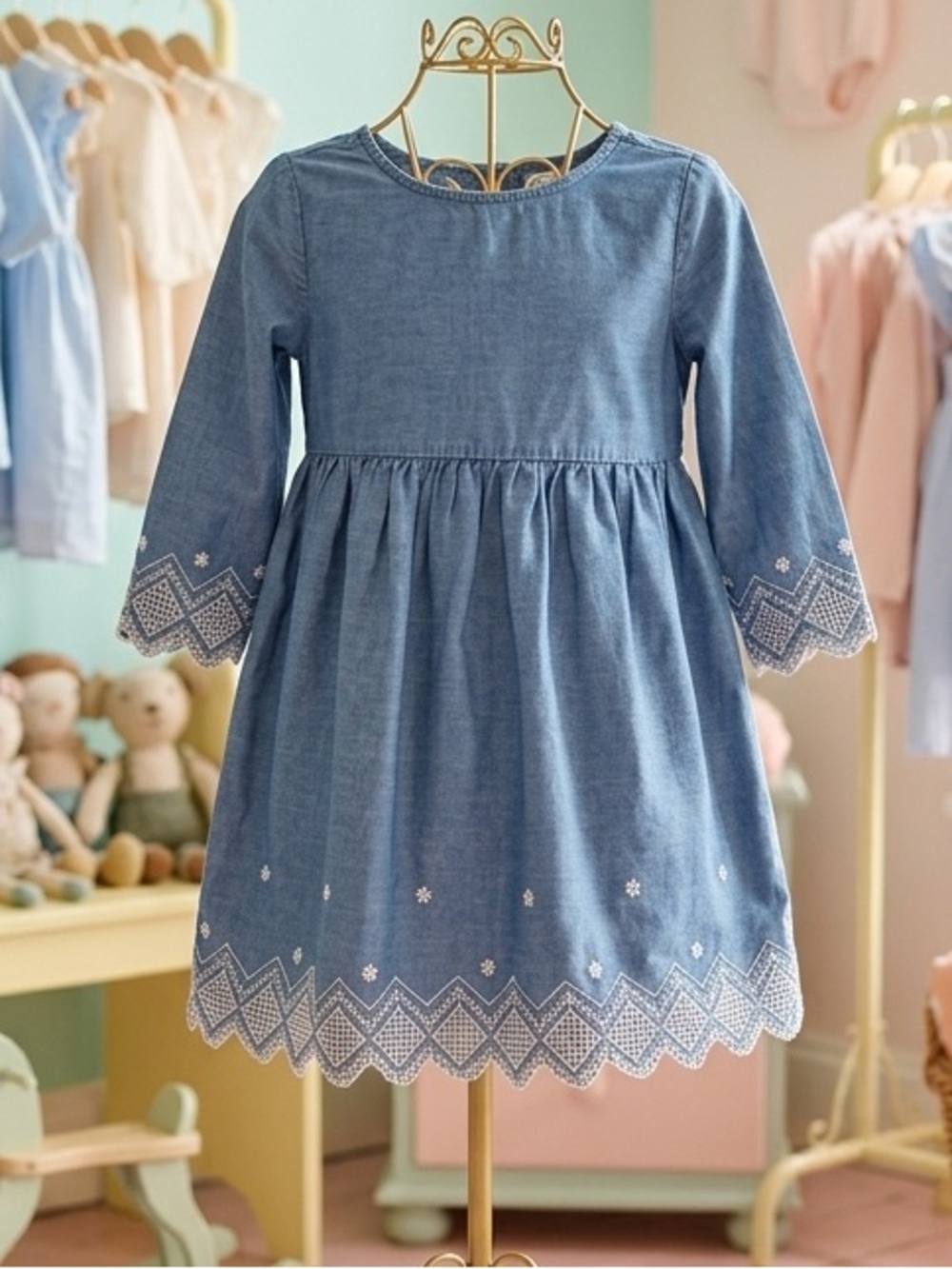 Girls blue denim dress size 3T with embroidered hem and sleeve accents